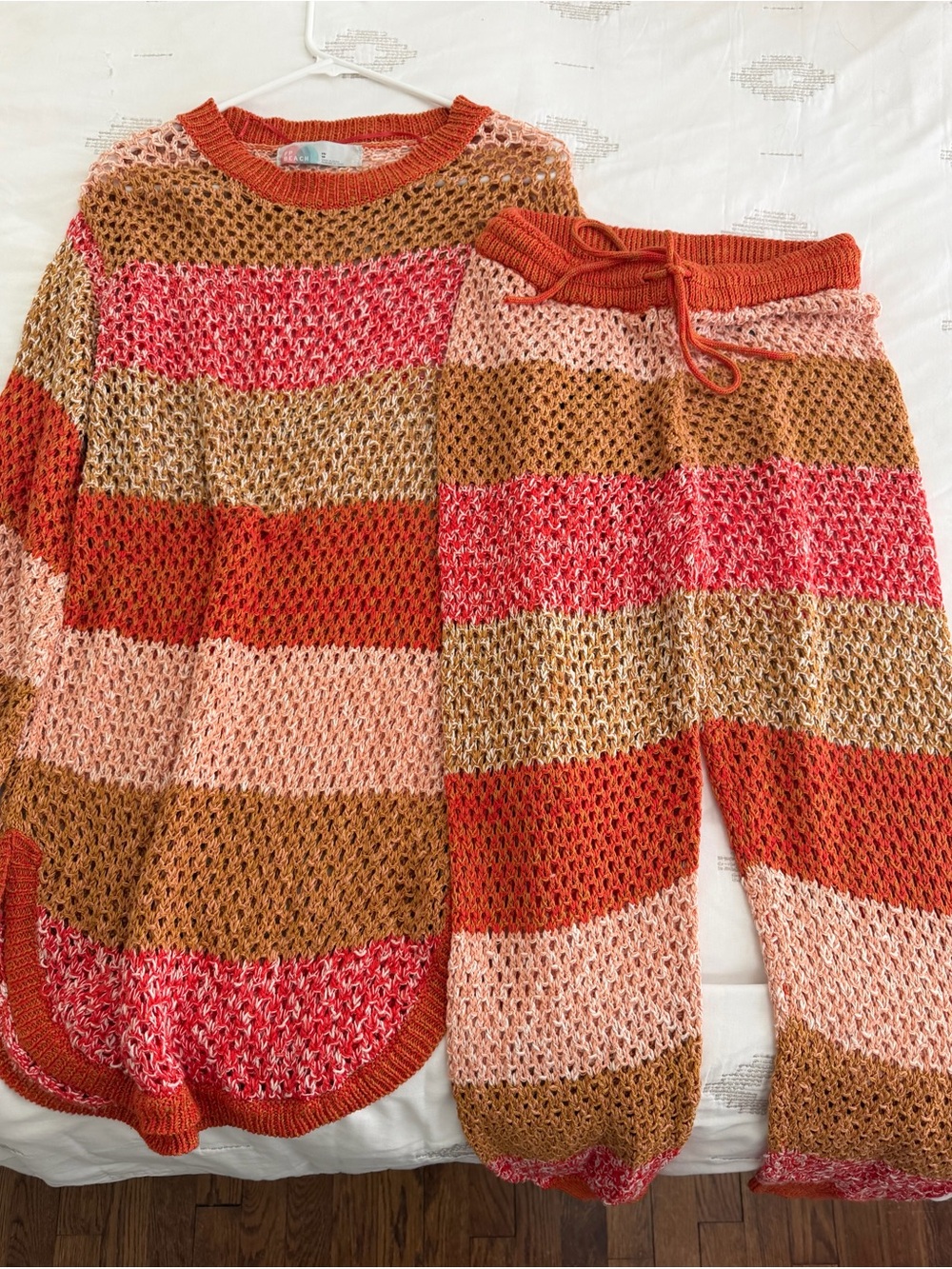 Free People Striped Knit Joggers & Sweater Set in Coral, Pink & Tan